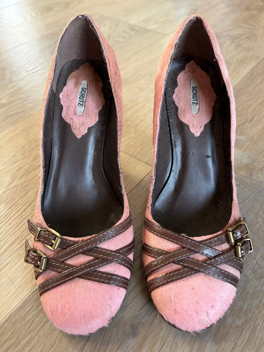 Schutz Pink Calf Hair Buckle Wedge Heels Size 5